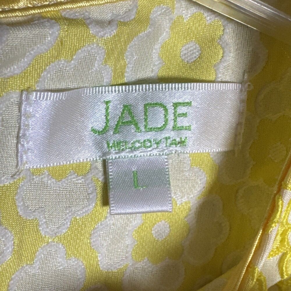 Jade Melody Tam Yellow Blouse L With Silk Bow Tie At Back Short Sleeve Brocade - Picture 2 of 9